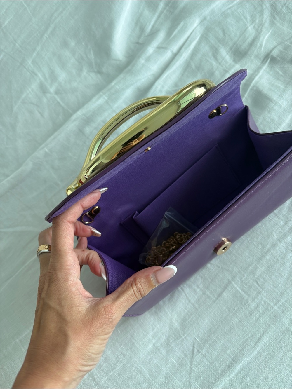 Elegant Purple Leather Clutch with Gold Handle - Picture 2 of 3